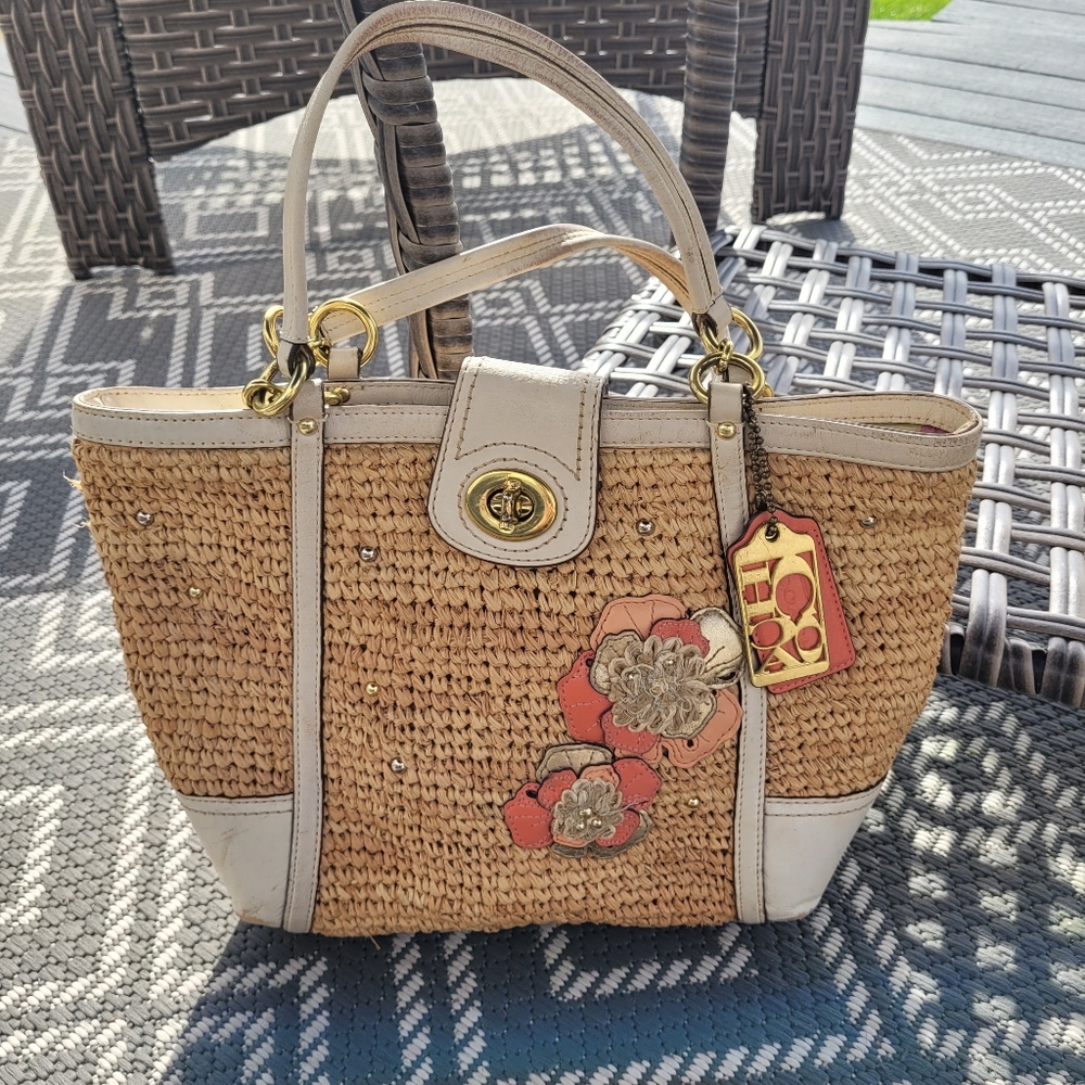 Coach Hamptons Straw/Leather Floral Studded Limited Edition Medium Tote